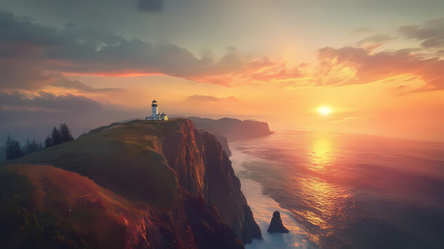 Captivating sunset over cliffside lighthouse coastal view scenic landscape vibrant skies nature's majesty. Majesty - Mountain. Illustration
