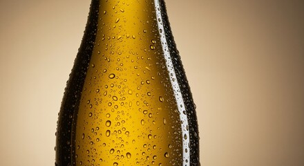 Glowing glass bottle with condensation exuding elegance and freshness against a warm, gradient background