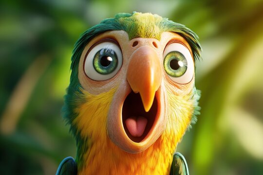 A surprised and colorful parrot with large eyes and open beak