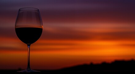 silhouette of a wine glass against a vibrant sunset sky reflecting deep tones of red and purple, evoking a calming and tranquil atmosphere