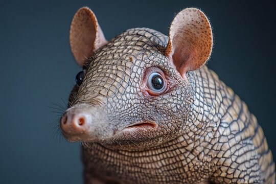 An unusual close up portrait of an armadillo animal