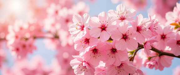 Fototapeta premium Vibrant pink cherry blossoms illuminated by afternoon sunlight, beauty of nature