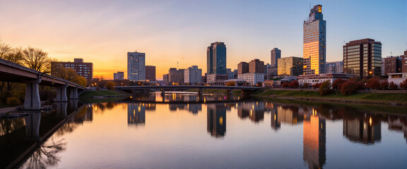 Stunning city skyline reflecting on calm river at sunset, urban beauty
