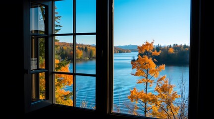 Scenic autumn view through a window showcasing colorful foliage and a serene lake under a bright blue sky.  