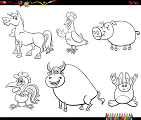 funny cartoon farm animal characters set coloring page