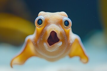 An orange aquatic creature looks directly forward with open mouth