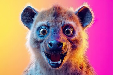A close up portrait shows a surprised smiling animal face