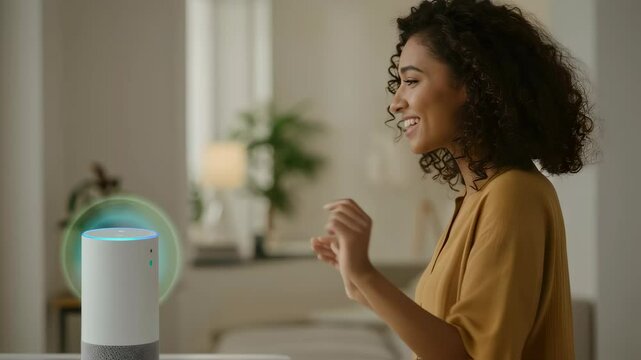 African american woman interacting with smart speaker at home. Voice assistant technology for modern lifestyle. Digital home automation with AI device in cozy living room environment.