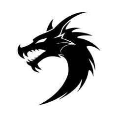a black dragon head silhouette with an open mouth, with sharp teeth and a spiky mane. Its a symbol of power and strength vector illustration