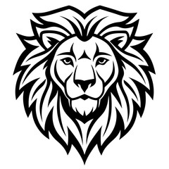 a majestic lion head in a bold, graphic style with a fierce expression. The monochrome design emphasizes the lion's strength and regal presence vector illustration
