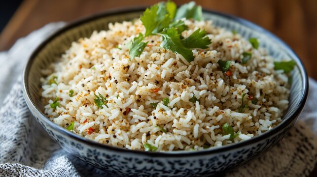 Flavorful rice dish made cumin coriander and other spices typically served as a side dish to complement Indian curries and stews