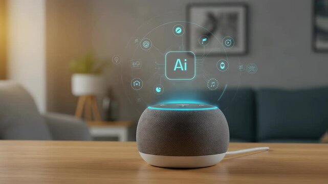 Smart speaker with ai hologram on wooden table in living room. Digital voice assistant with blue icons for home automation. Modern technology for smart home control.