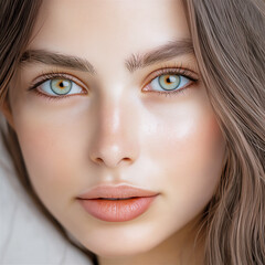 Close-up image of a beautiful young woman with brown hair and bright skin, smiling with a subtle makeup and a soft expression.