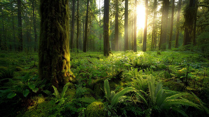 Obraz premium A tranquil forest scene with lush green moss and dappled sunlight