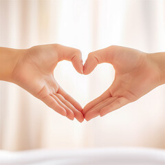 Obraz premium Close-up of hands forming a heart shape with fingers. The image symbolizes love, affection, and positive emotions, perfect for concepts of romance and connection.