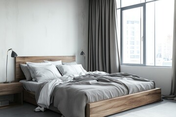 Modern bedroom with city view, comfortable bedding, interior design, spacious room, for home decor inspiration