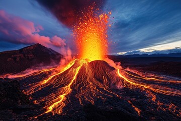 A Volcanic Eruption With Fiery Lava Flows And Explosions