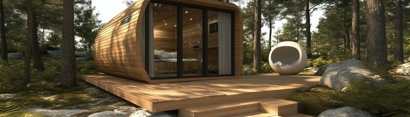 Enchanting Curved Wooden Cabin in Serene Forest Setting with Large Windows and Sunlit Deck