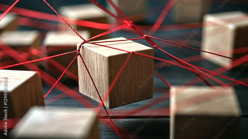 Poster abstract business model visual, wooden blocks interwoven with red strings, illustrating the flow of 