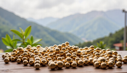 Obraz premium Shiny metallic beads resting on balcony with mountain view, elegance