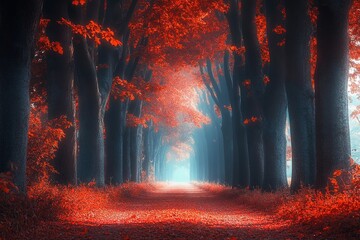 Majestic row of trees and red leaves on a sunny path