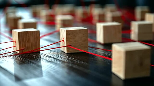 Symbolic HR visualization with wooden blocks connected by red threads, emphasizing talent acquisition, workforce planning, and strategic hiring.