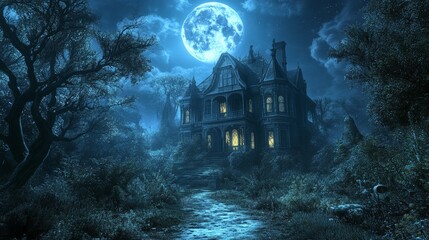 Majestic Dark Victorian Mansion in Enchanted Night Woods Mysterious Gothic House with Moonlit Sky and Eerie Atmosphere