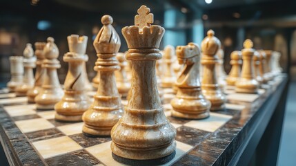 Elegant marble chess set displayed on checkered board in dim lighting