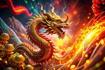 Obraz premium Abstract Surreal China Stock Market: Rising Dragon, Financial Chaos, Bull & Bear
