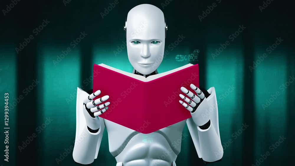 Poster 3d rendering of robot hominoid reading book and solving math data analytics in concept of future mat