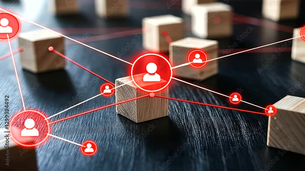 Poster business-themed visual with wooden blocks representing employees, strategically connected by red str