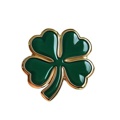 High-quality 3D render of a golden shamrock enamel pin with a green finish