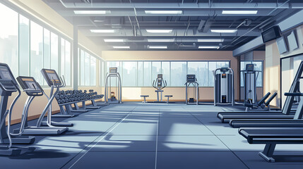 Modern gym interior with exercise equipment and spacious layout for fitness activities. Movement - Waves. Illustration
