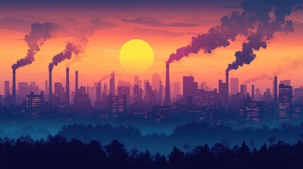 Sunset over industrial cityscape with smokestacks and air pollution