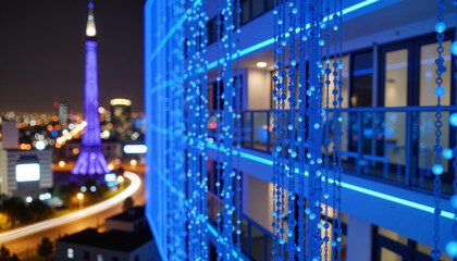 Glowing blue beads enhance futuristic balcony design at night, modern elegance