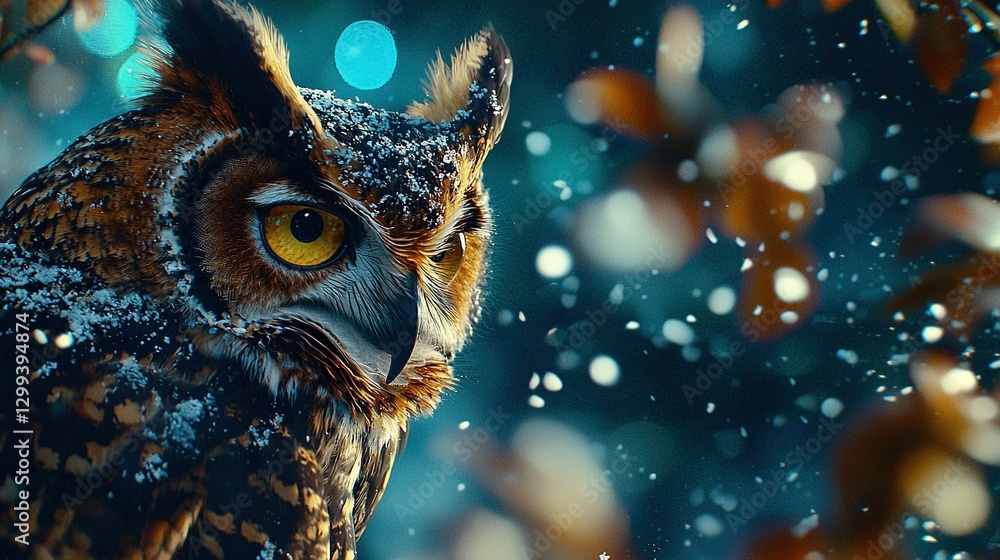 Aufkleber a sharp photo of a snow-covered owl in focus against a hazy tree backdrop