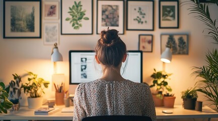 Woman Working at Home Office with Plants and Wall Art
