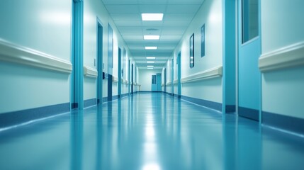 Obraz premium Long, empty hospital corridor. Sterile, calm atmosphere.