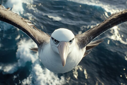 A large seabird flies towards the camera over ocean water