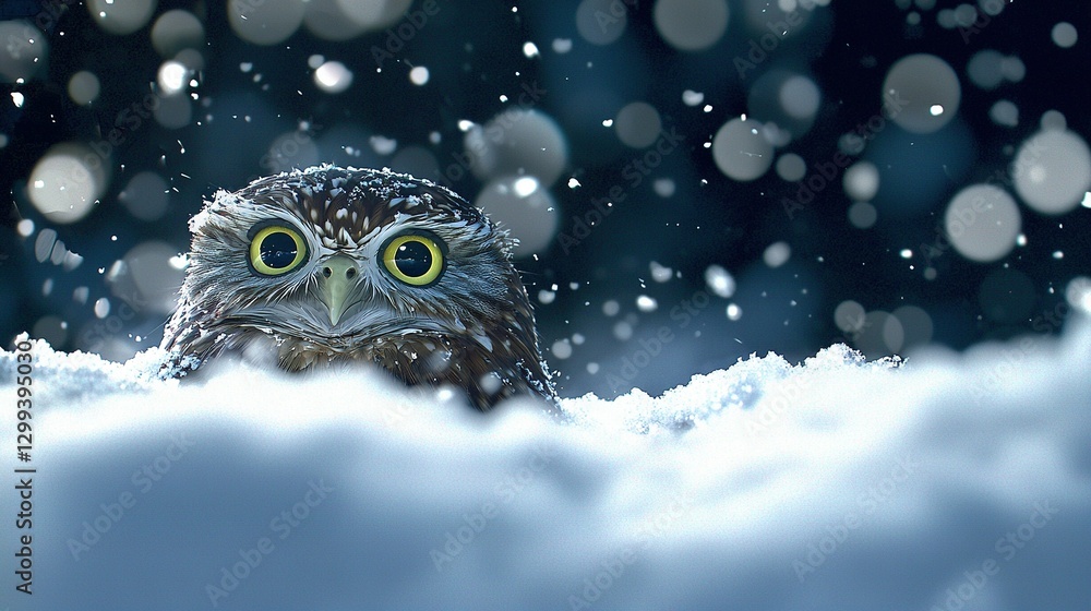 Poster a close-up of an owl in snow with snowflakes in the background and a blurred background of snow