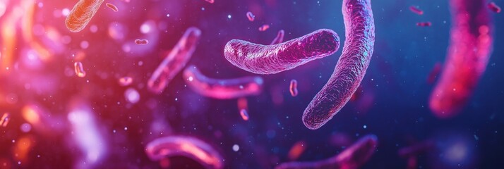 A microscopic microbiome view of bacteria culture in the gut, healthy microorganisms, pathogen and cells macro shot, colorful biology and virology background