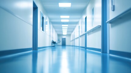 Fototapeta premium Empty hospital hallway. Sterile, blue.