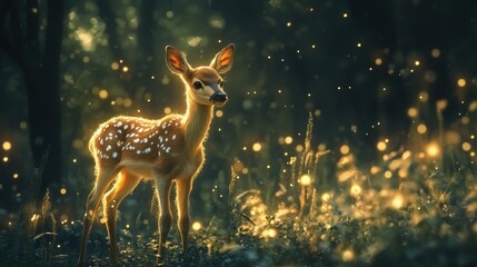 Enchanted fawn in sunlit forest glade with magical light