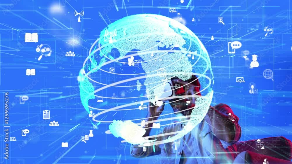Poster excited man looking global connection hologram by using vr glasses. skilled investor checking and lo