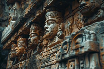 Obraz premium Close-up view of intricate carvings on the ancient Mayan ruins, An ancient ruins adorned with intricate carvings and statues