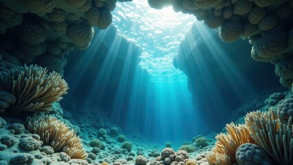 Obraz premium Sunlight streaming through underwater coral reef formations affected by bleaching 