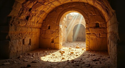 Ancient stone archway illuminated by sunlight