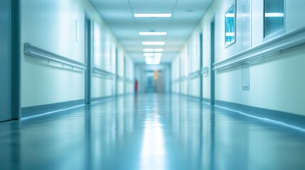 Obraz premium Long hospital corridor with pale blue walls