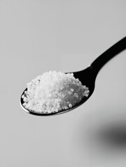 Spoon held with fine salt above a smooth gray surface in a minimalist kitchen setting
