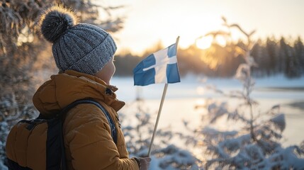 Caucasian child with finnish flag in winter landscape at sunrise